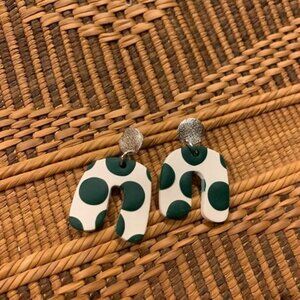 Green and White Arch Handmade Clay Earrings